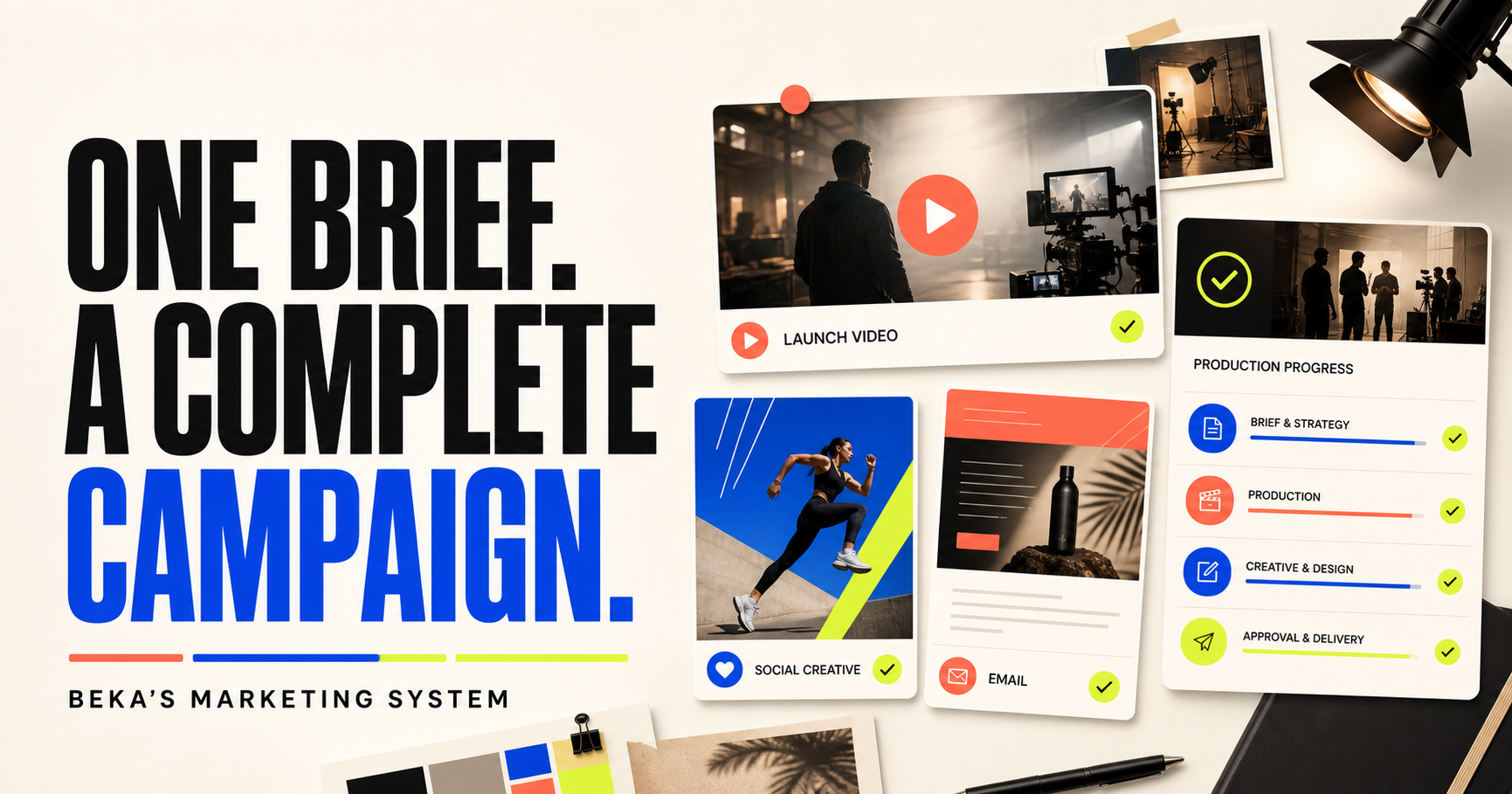 BMS campaign production board showing launch video, social creative, email, and approval progress