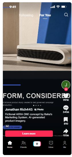 Customer-facing TikTok preview of the fictional AERA ONE carousel advertisement.