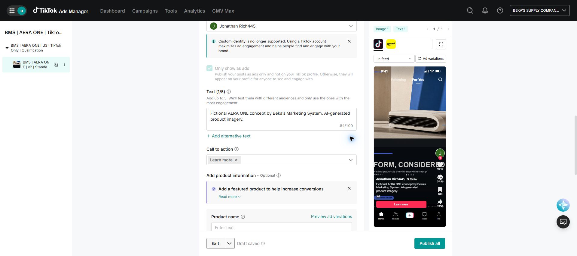 TikTok Ads Manager builder preview of the fictional AERA ONE carousel advertisement.