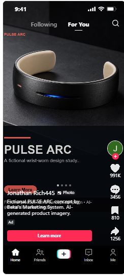 Customer-facing TikTok preview of the fictional PULSE ARC carousel advertisement.