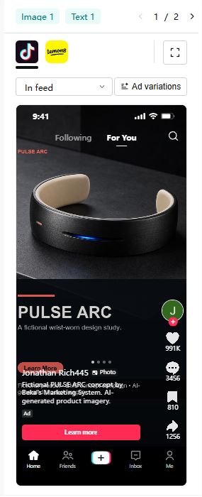 TikTok Ads Manager context preview of the fictional PULSE ARC carousel advertisement.